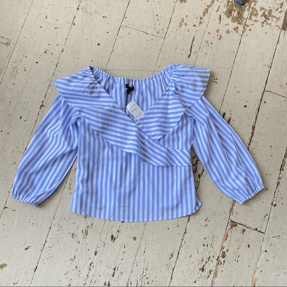 Sanctuary Icy Blue Stripe Ruffle Crossover Pirate Shirt Top Blouse - Picture 4 of 12